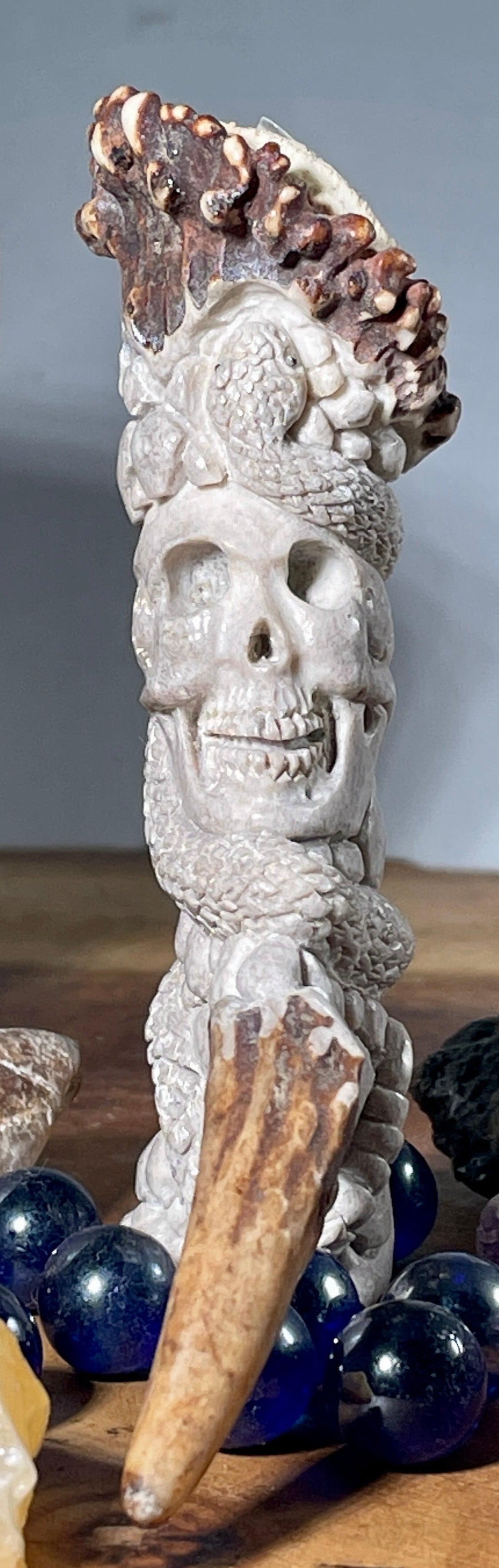 Hand Carved Bone - Skull and Snake Spirit - Small