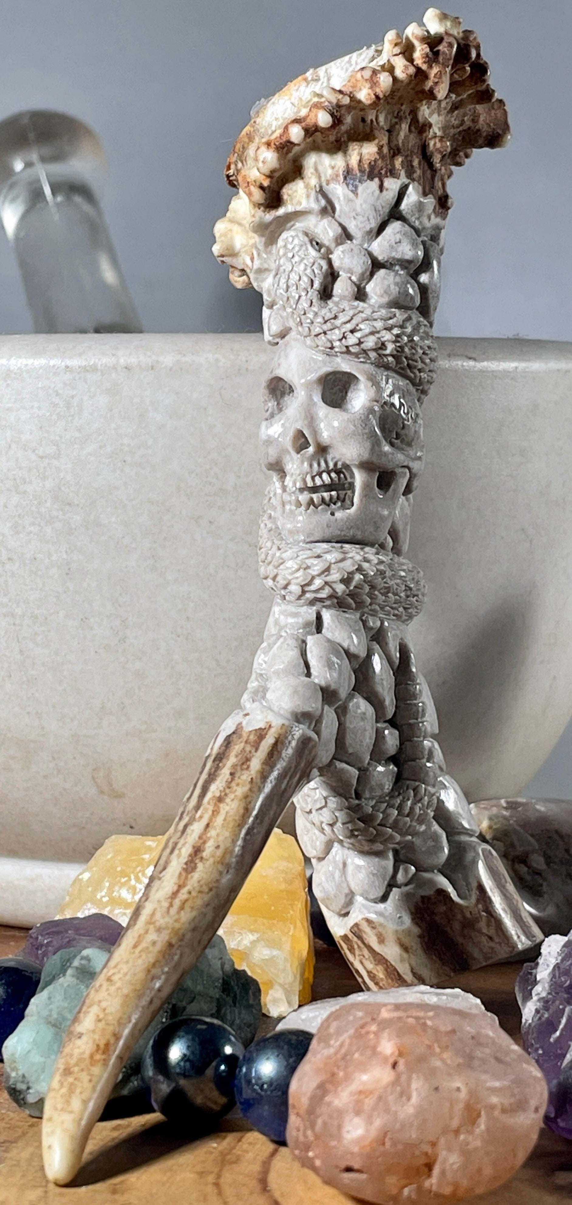 Hand Carved Bone - Skull and Snake Spirit - Large
